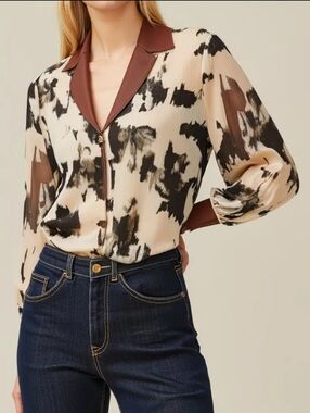 Abstract Print Collar Blouse in Cream and Brown